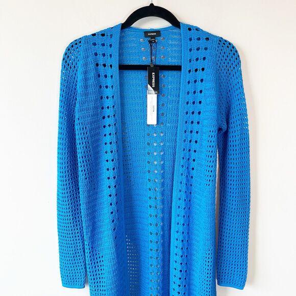 Express Crochet Long Line Cardigan Duster Open Knit Blue Size XS NWT’s - Picture 4 of 10